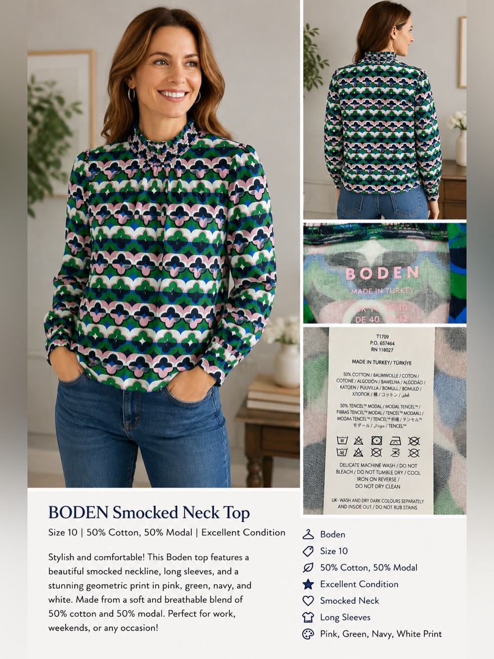 Boden Smocked Ruffle Neck Geometric Print Top Green Pink Blue Size 10